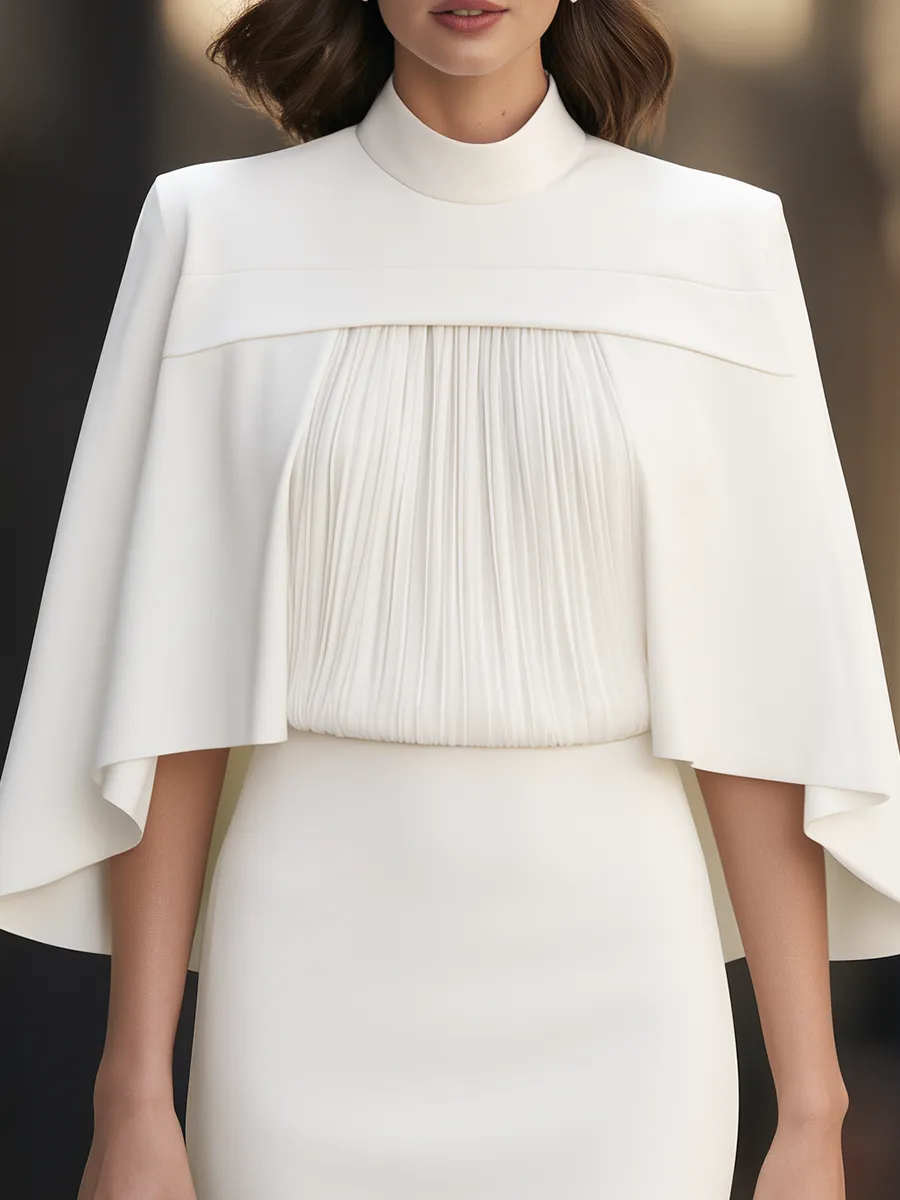 Mock-Neck Pleated Bodice Cape Sleeve Sheath Midi Dress sold by Mooyius product image thumbnail 3