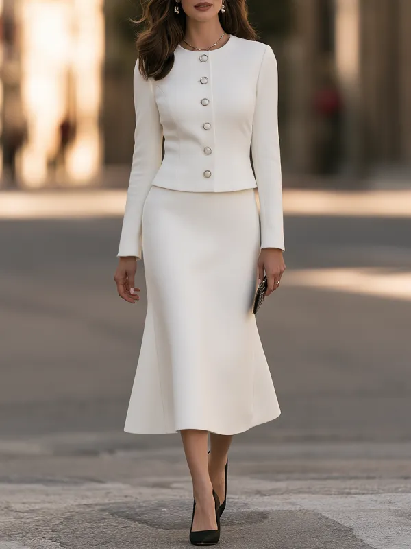Round-Neck Pearl-Button Fitted Jacket And Fishtail Midi Skirt Set made by Mooyius