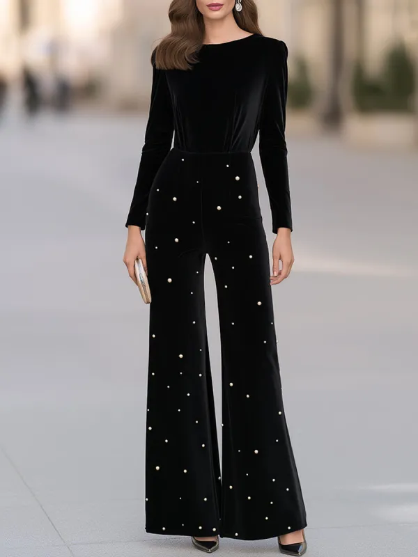 Pearl-Embellished Velvet Wide-Leg Jumpsuit made by Mooyius