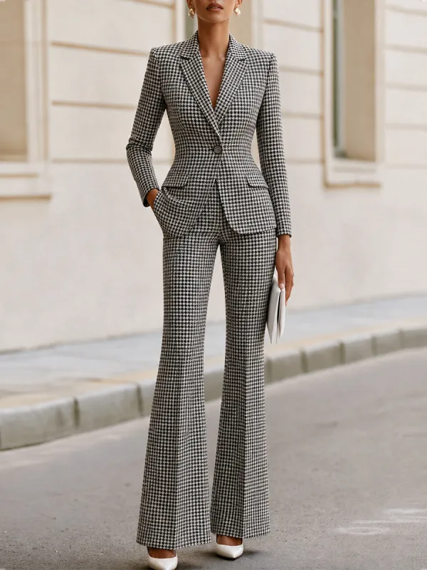Houndstooth Single‑Button Blazer & Flared Trousers Two‑Piece Suit made by Something Navy