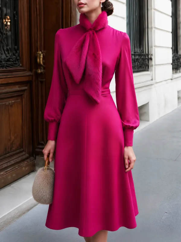 Faux-Fur Collar Puff-Sleeve A-Line Midi Dress made by Mooyius