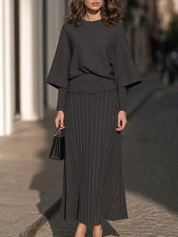 Cape-Overlay Knit Three-Piece Set With Ribbed Pleated Maxi Skirt made by Mooyius