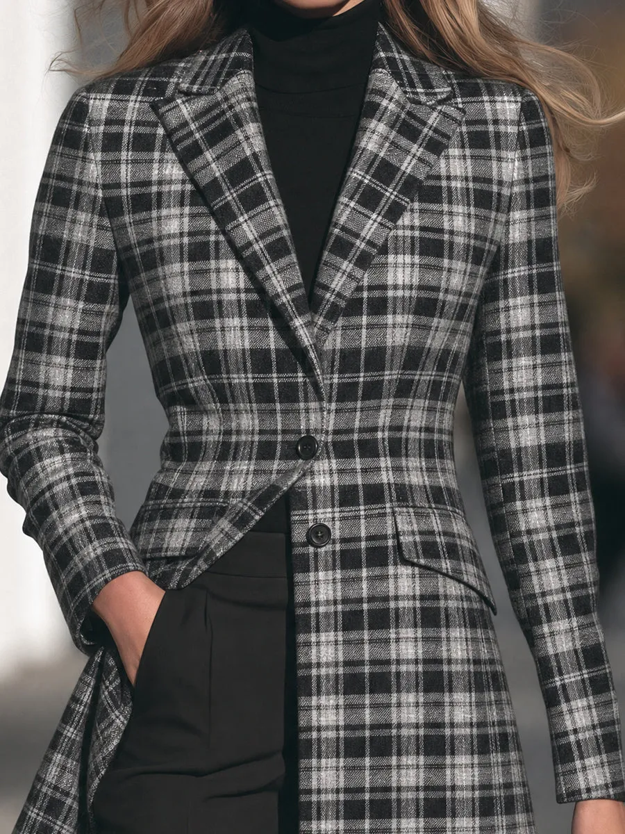 Checked Notched-Lapel Two-Button Coat With Sculpted Waist sold by Mooyius product image thumbnail 2