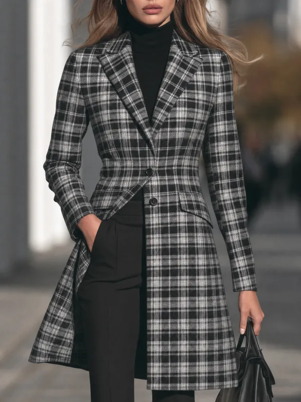 Checked Notched-Lapel Two-Button Coat With Sculpted Waist made by Mooyius