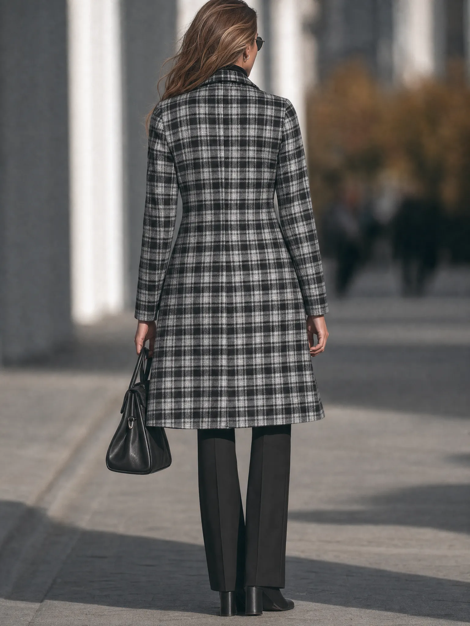 Checked Notched-Lapel Two-Button Coat With Sculpted Waist sold by Mooyius product image thumbnail 4