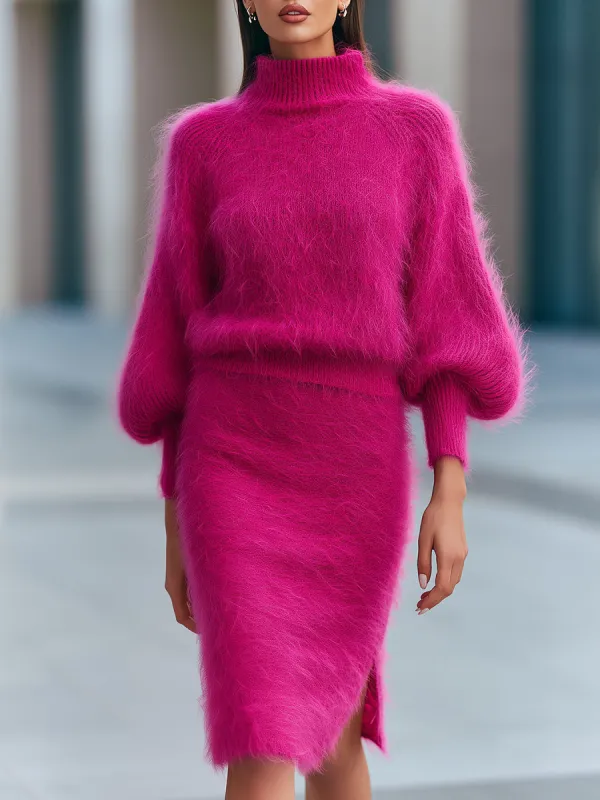 Mock Neck Fuzzy Knit Sweater And Midi Skirt Set made by Mooyius