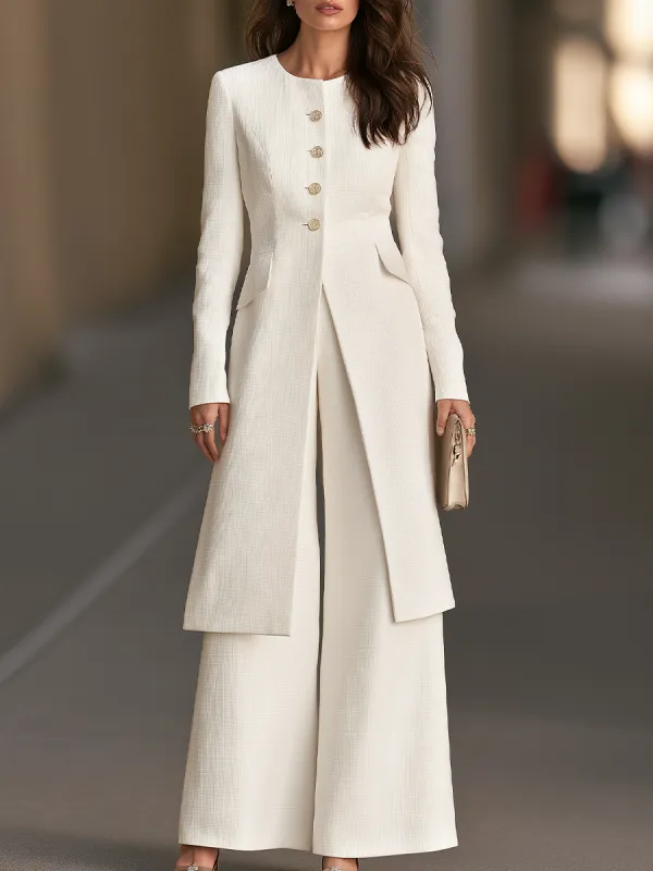 Round-Neck Button-Front Longline Jacket And Wide-Leg Trouser Set made by Mooyius