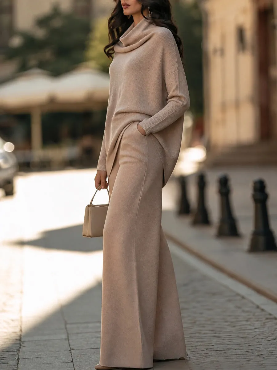 Draped Turtleneck Knit Top Wide-Leg Pants Set sold by Mooyius product image thumbnail 5
