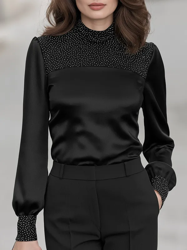 Embellished Yoke Satin Long Sleeve Blouse made by Mooyius