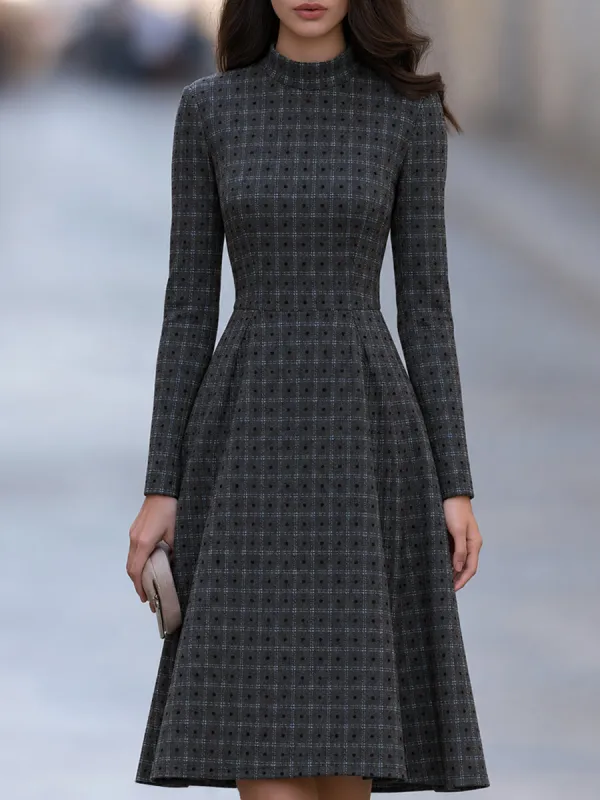 Mock Neck Plaid Dot A-Line Midi Dress made by Mooyius