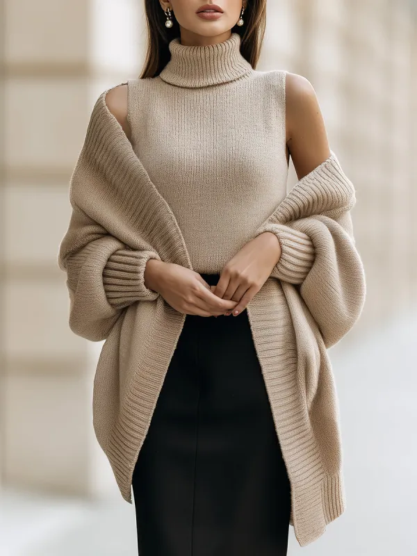 Sleeveless Turtleneck and Oversized Cardigan Two-Piece Set made by Mooyius