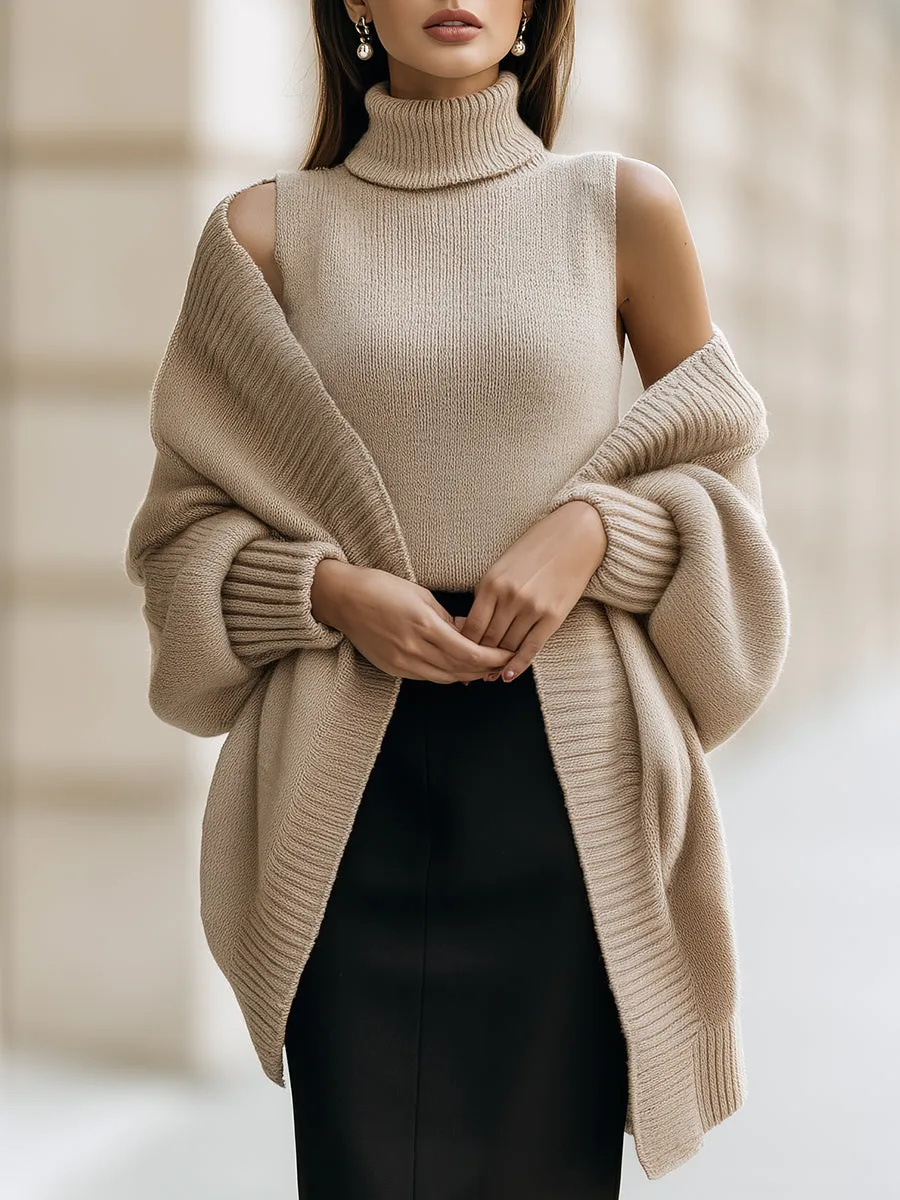 Sleeveless Turtleneck and Oversized Cardigan Two-Piece Set sold by Mooyius