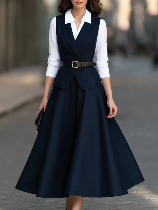 Point-Collar Shirt, Tailored Vest And Flared Midi Skirt Three-Piece Set made by Mooyius