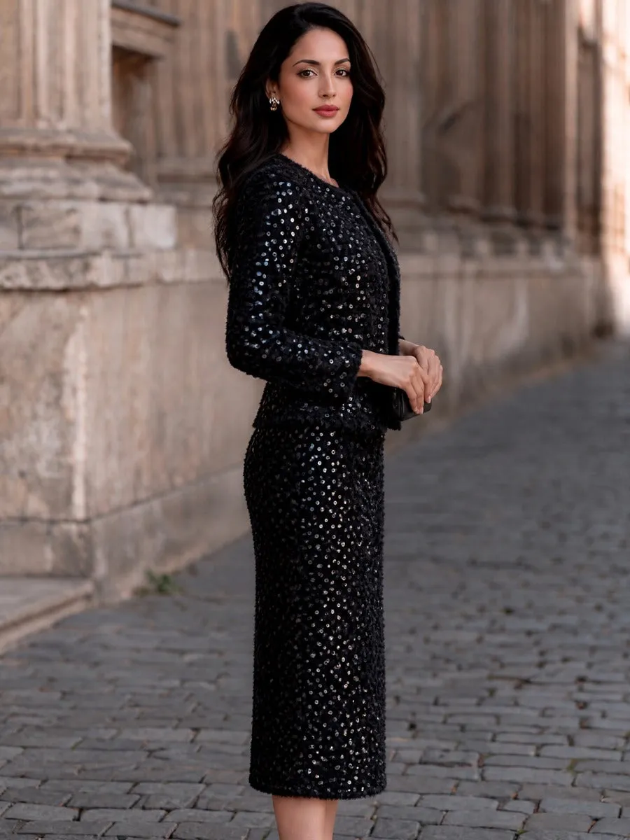 Sequin Tweed Cropped Jacket Midi Skirt Two-Piece Set sold by Mooyius product image thumbnail 5