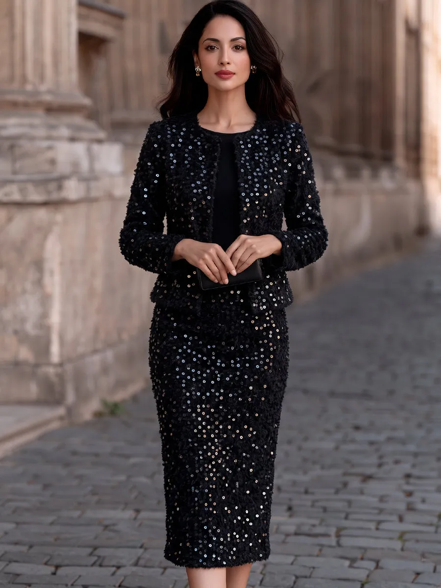 Sequin Tweed Cropped Jacket Midi Skirt Two-Piece Set sold by Mooyius product image thumbnail 2
