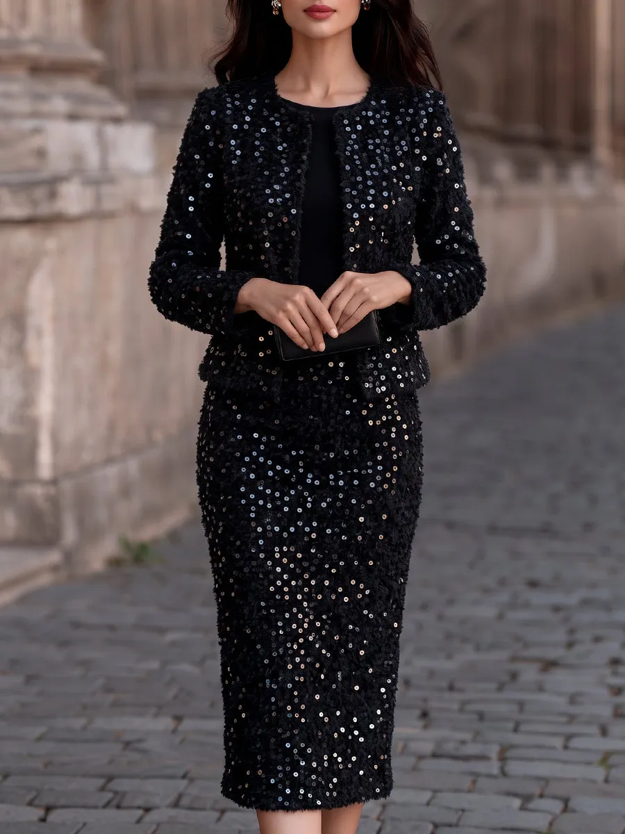 Sequin Tweed Cropped Jacket Midi Skirt Two-Piece Set sold by Mooyius
