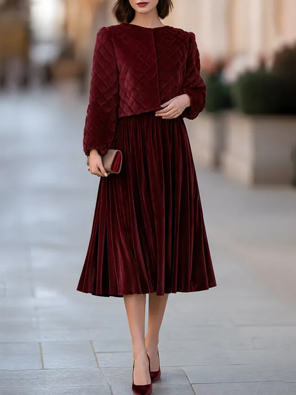 Quilted Velvet Jacket & Pleated Midi Skirt Set made by Mooyius