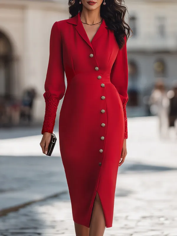 Notch-Lapel Button-Front Lace Cuffs Midi Dress made by Mooyius
