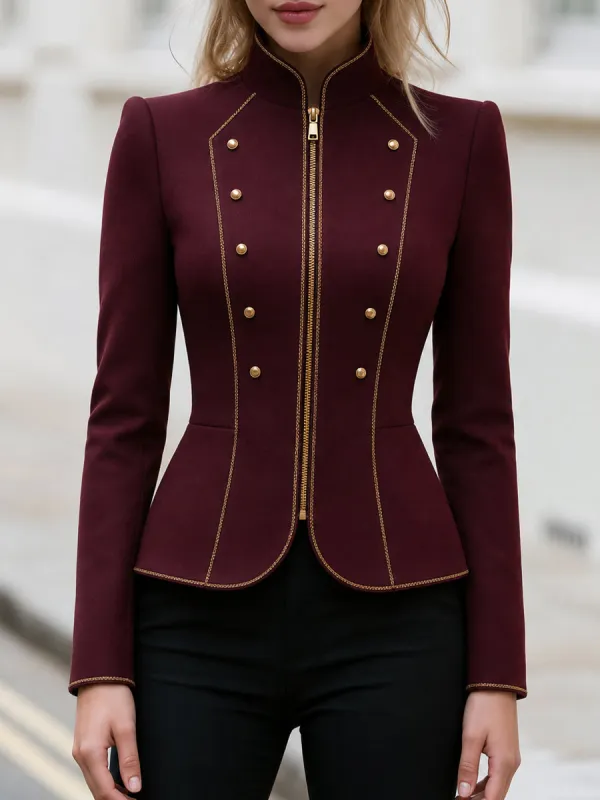 Stand‑Collared Gold‑Trim Peplum Cropped Jacket made by Something Navy