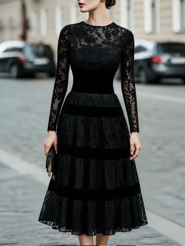 Lace Velvet-Trim Tiered Midi Dress made by Mooyius