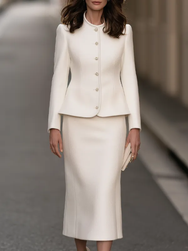 Round-Neck Button-Front Fitted Jacket And Sheath Midi Skirt Set made by Mooyius