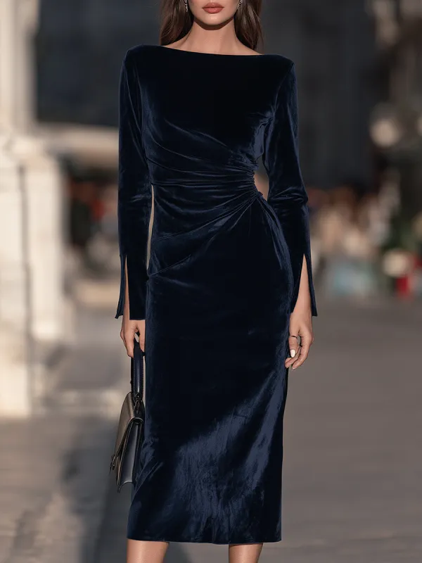 Boat-Neck Long-Sleeve Ruched Velvet Midi Dress With Side Slit made by Mooyius