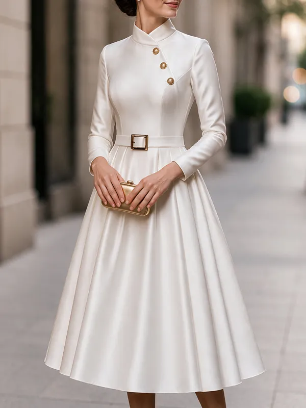 Elegant Stand Collar Long Sleeve Belted A-Line Midi Dress with Gold Buttons made by Mooyius