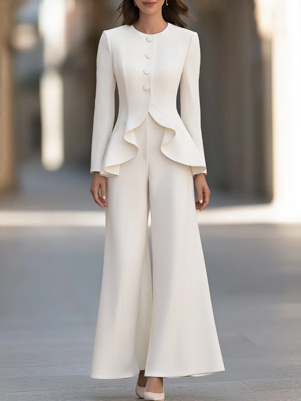 Ruffle-Hem Tailored Jacket And Wide-Leg Pants Set made by Mooyius