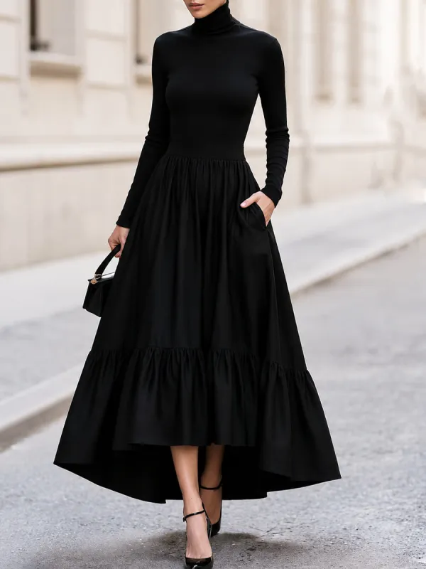 Turtleneck Long‑Sleeve High‑Low Tiered Maxi Dress With Side Pockets made by Something Navy