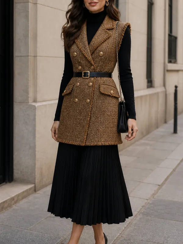 Fringe-Trim Tweed Vest And Pleated Midi Dress Set made by Mooyius