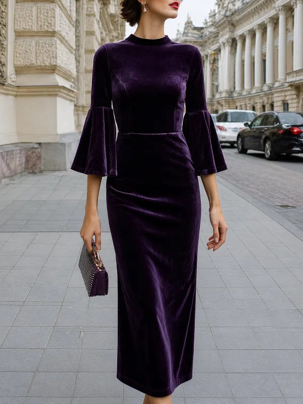 Velvet Bell-Sleeve Slim Midi Dress made by Mooyius
