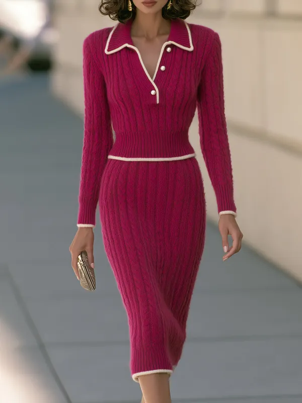 Two-piece Set Featuring A Cable-knit Sweater With A Contrast-trim Lapel Collar Knit Skirt made by Mooyius