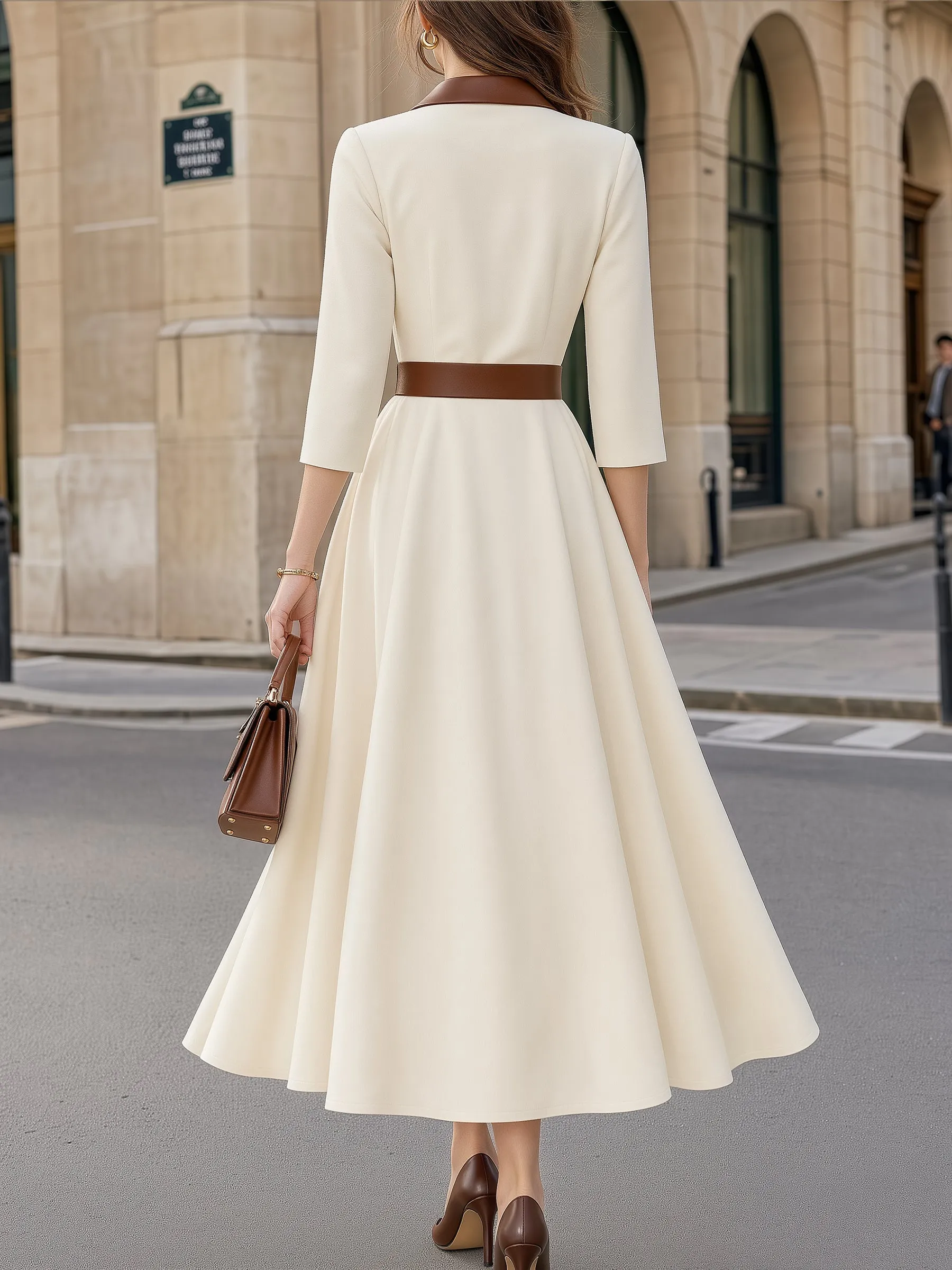 Contrast Lapel Belted Flared Midi Dress sold by Mooyius product image thumbnail 2