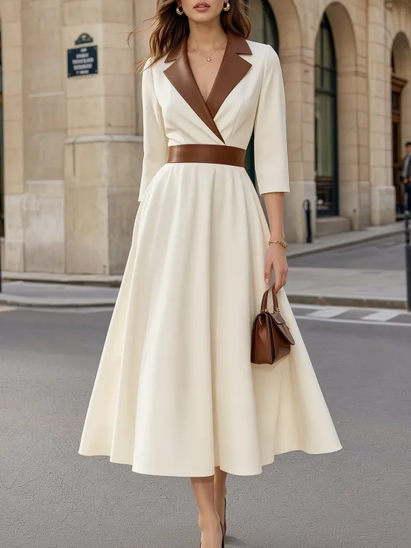 Contrast Lapel Belted Flared Midi Dress made by Mooyius
