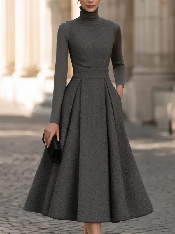 Elegant Turtleneck Top A-Line Pleated Dress Set made by Mooyius