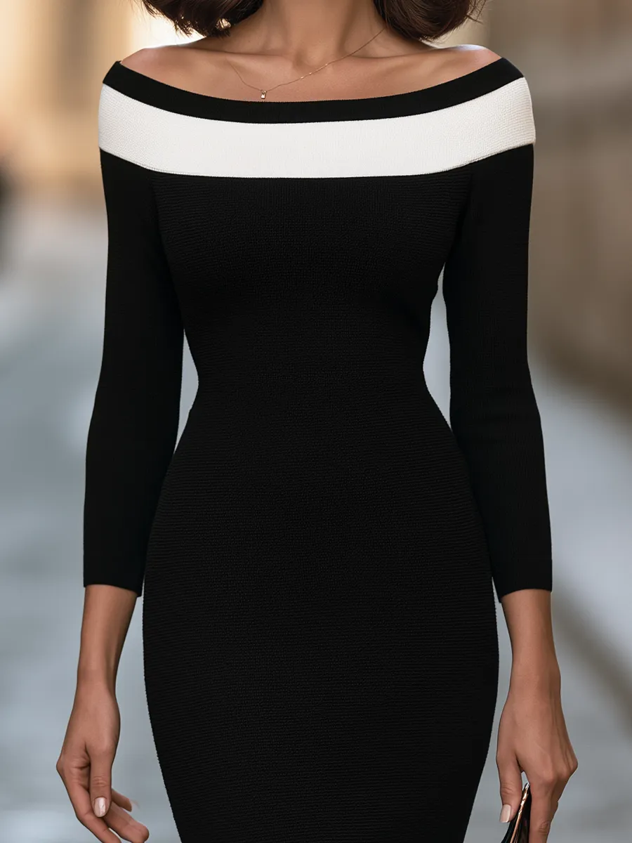 Off-Shoulder Contrast-Band Knit Bodycon Midi Dress sold by Mooyius product image thumbnail 3