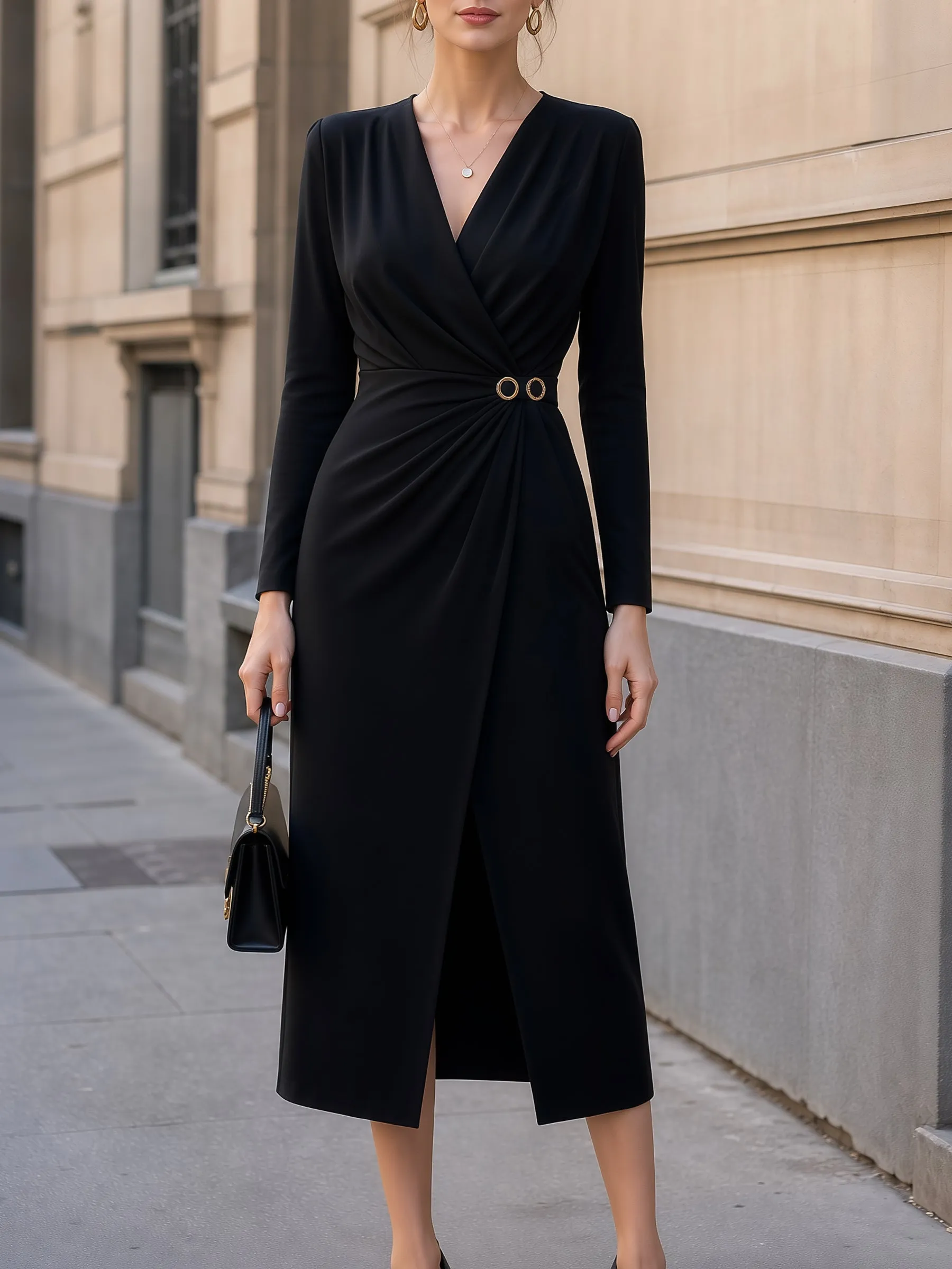V-Neck Ring-Accented Wrap Midi Dress sold by Mooyius