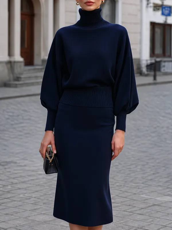 Turtleneck Dolman-Sleeve Knit Skirt Set made by Mooyius