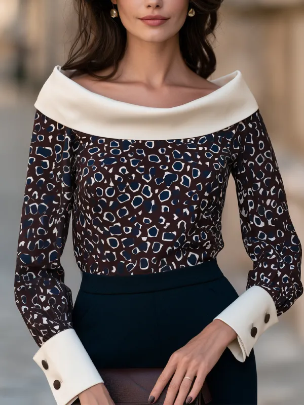 Wide Contrast Fold Collar Printed Blouse made by Mooyius