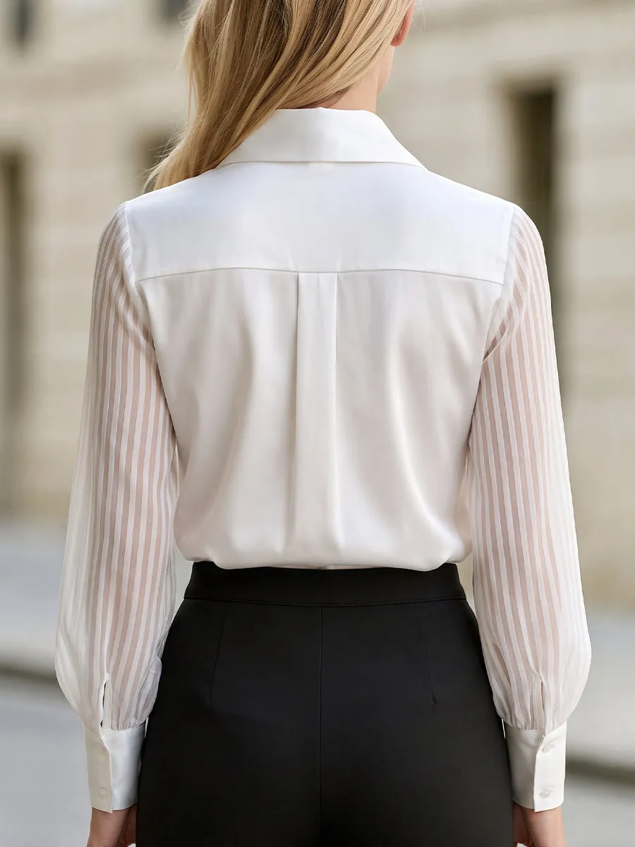 Point‑Collared Satin Blouse With Sheer Striped Lantern Sleeves sold by Mooyius product image thumbnail 2