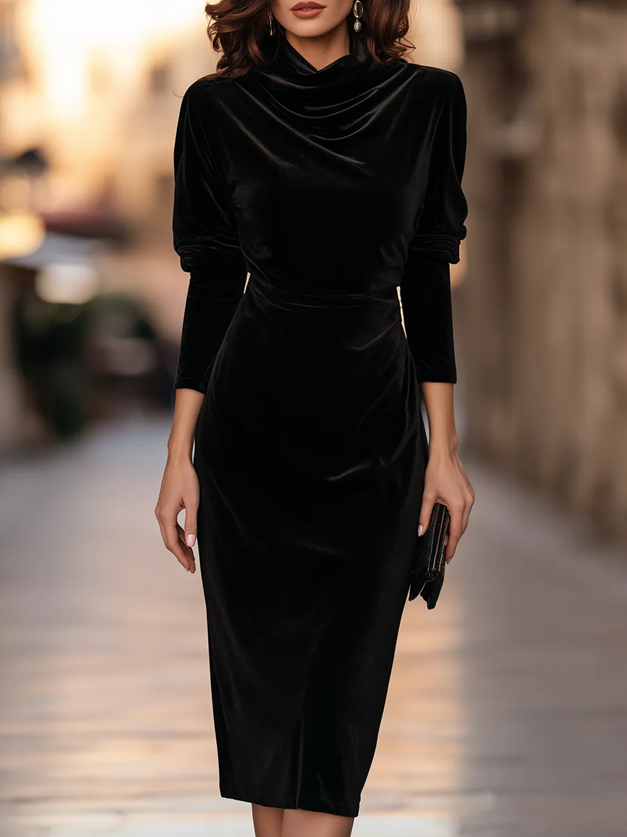 Cowl Neck Velvet Long Sleeve Bodycon Midi Dress sold by Mooyius