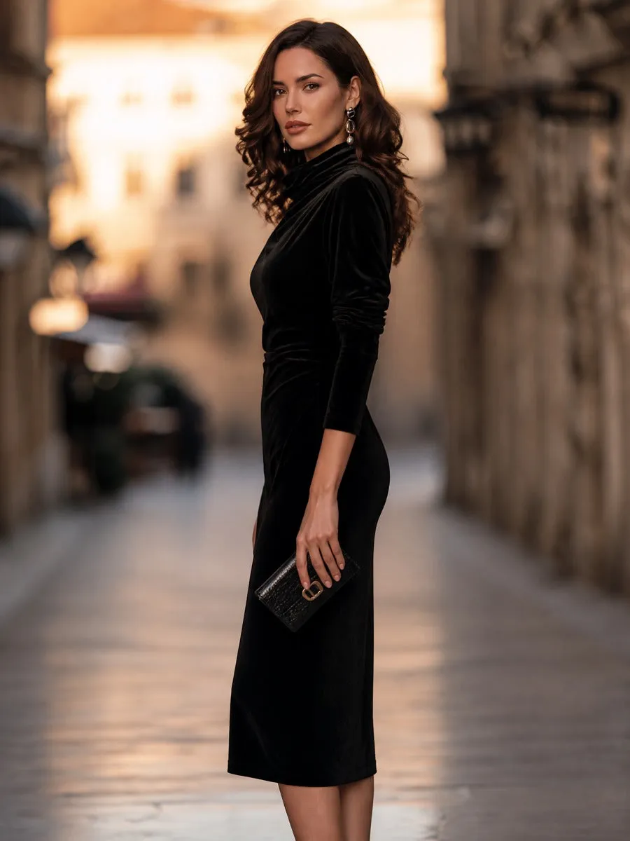 Cowl Neck Velvet Long Sleeve Bodycon Midi Dress sold by Mooyius product image thumbnail 5