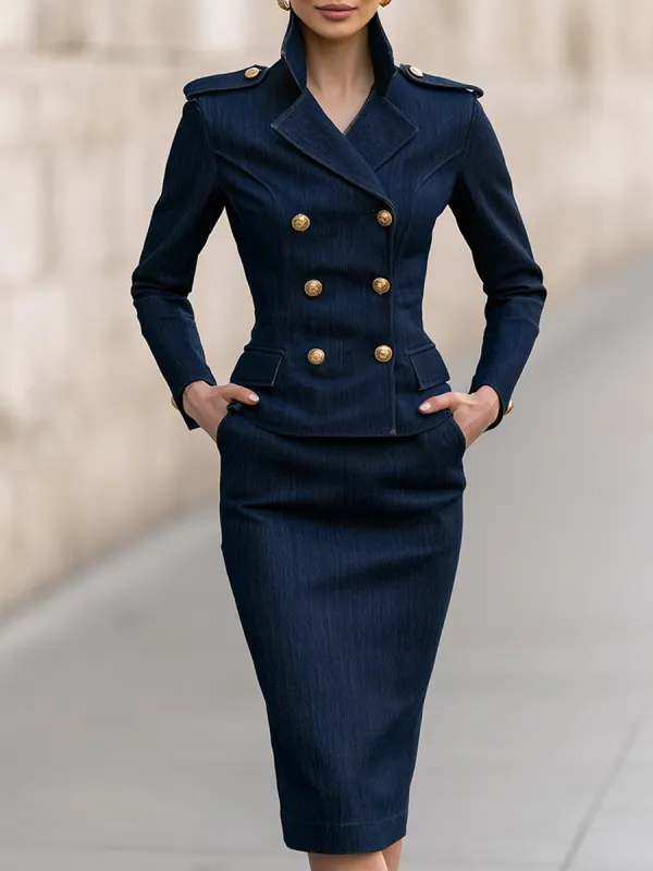 Military-Inspired Denim Blazer & Midi Skirt Set made by Mooyius