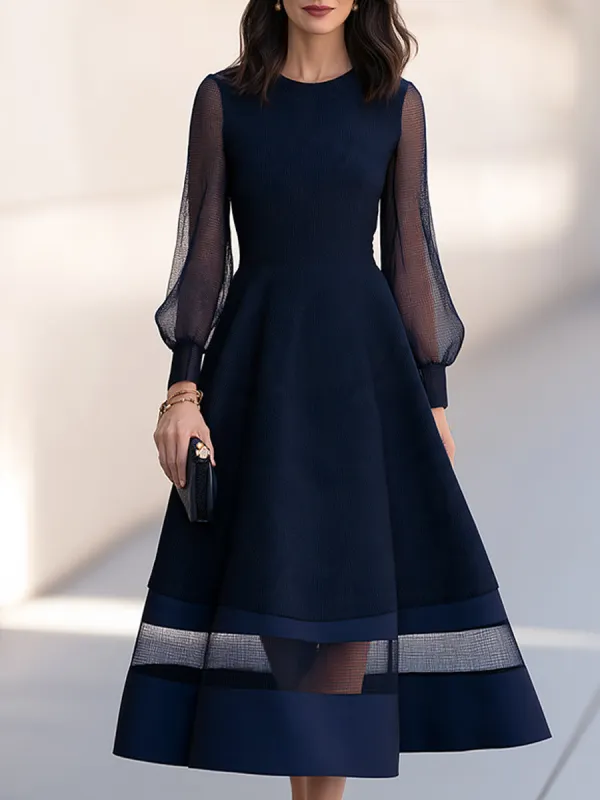 Elegant Mesh Sleeve A-Line Midi Dress with Sheer Panel Hem made by Mooyius