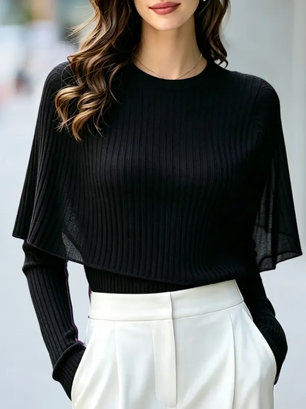 Two-Piece Effect Capelet Ribbed Knit Sweater made by Mooyius