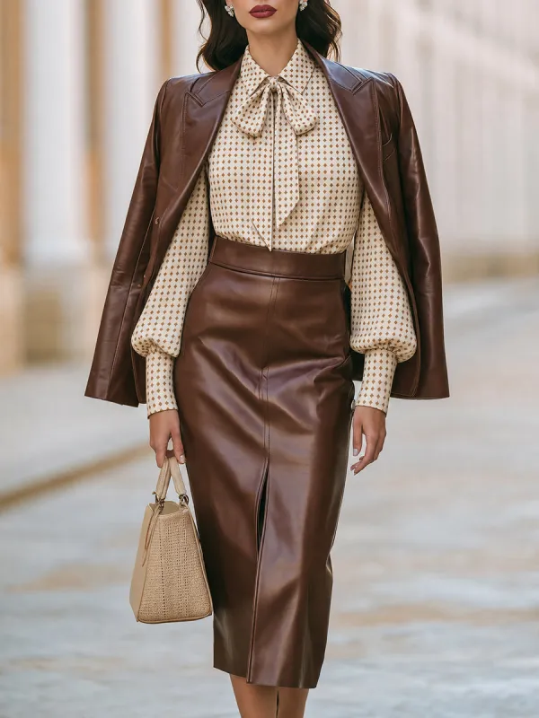 Elegant Bow-Neck Blouse, Blazer & Pencil Skirt Three-Piece Set made by Mooyius