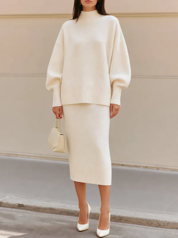 Mock‑Neck Oversized Knit Two‑Piece Midi Skirt Co‑Ord Set made by Something Navy