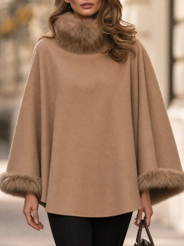 Faux Fur Trim Wool Blend Poncho Cape with High Collar made by Mooyius
