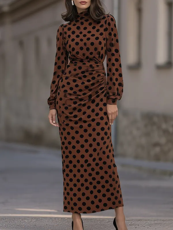 Polka-Dot Ruched High-Neck Maxi Dress made by Mooyius