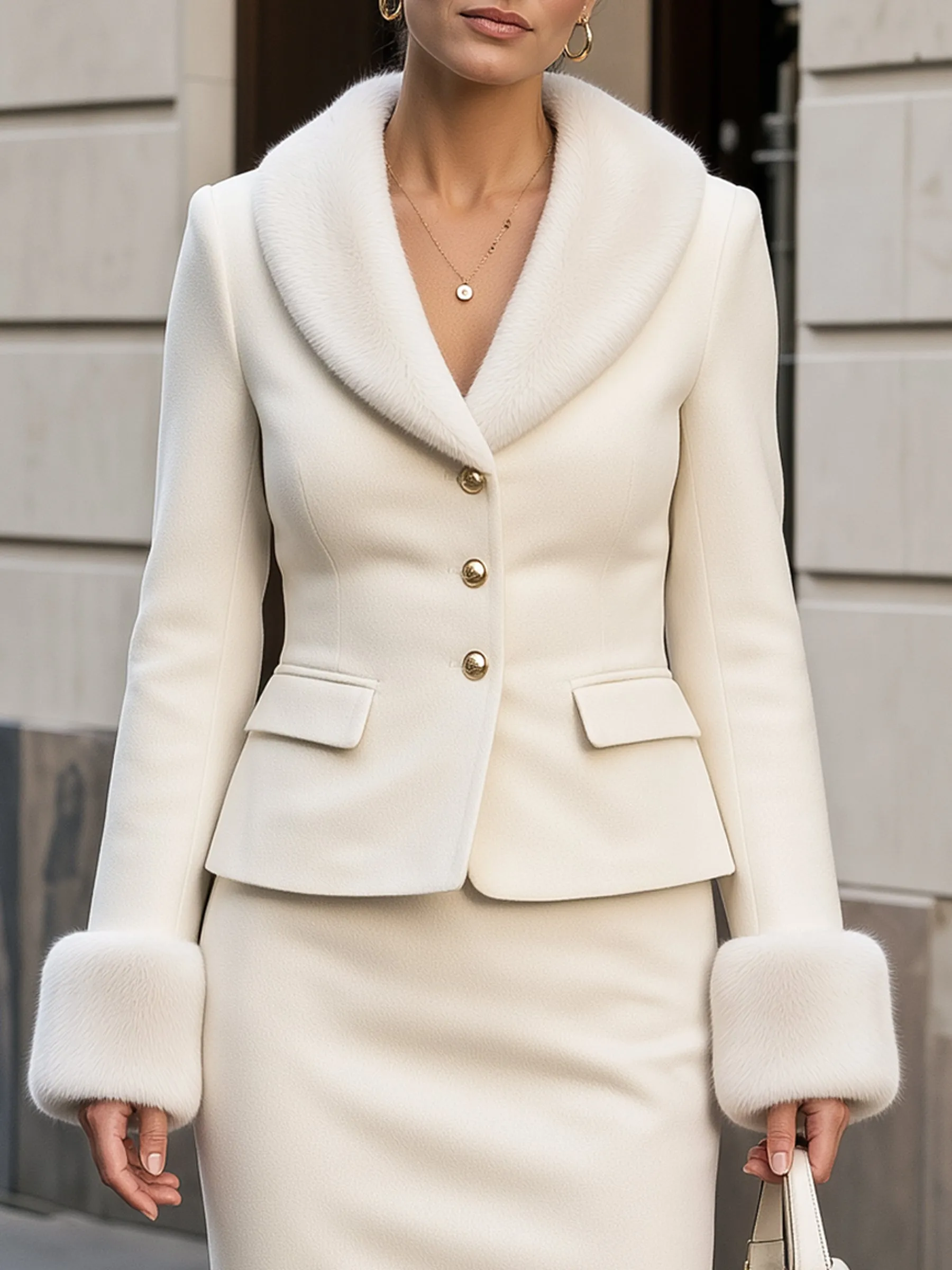 Shawl Collar Faux Fur Trim Blazer & Midi Skirt Tailored Set sold by Mooyius product image thumbnail 4
